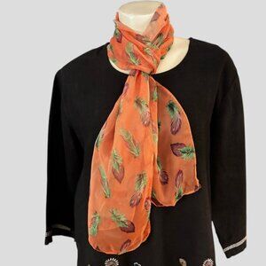Orange Silk Scarf With Purple & Green Feathers Print Long Rectangle